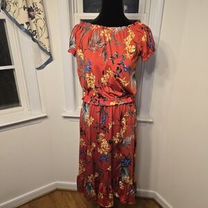 Beautees Red Floral Off Shoulder‎ Ruffle Hem Midi Dress Women's Size 14